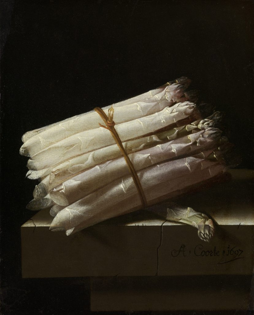 Adriaen Coorte still life of a bundle of asparagus on a stone ledge