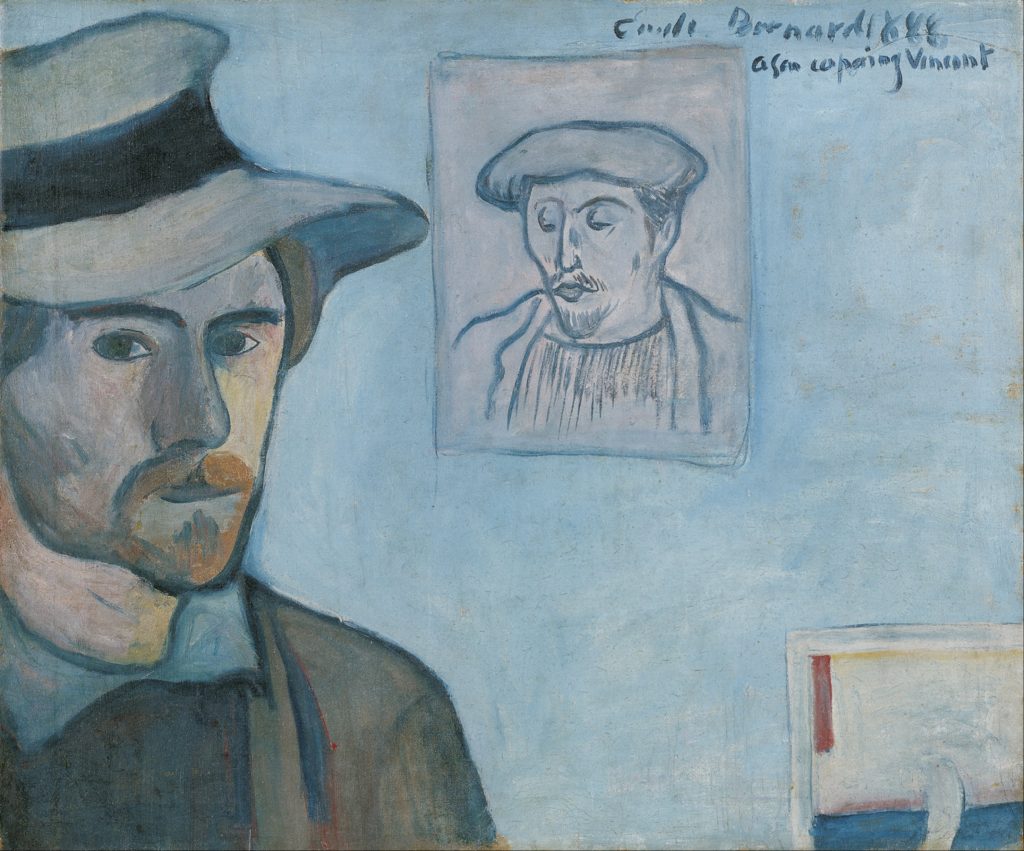 Émile Bernard self-portrait with a portrait of Paul Gauguin in the background